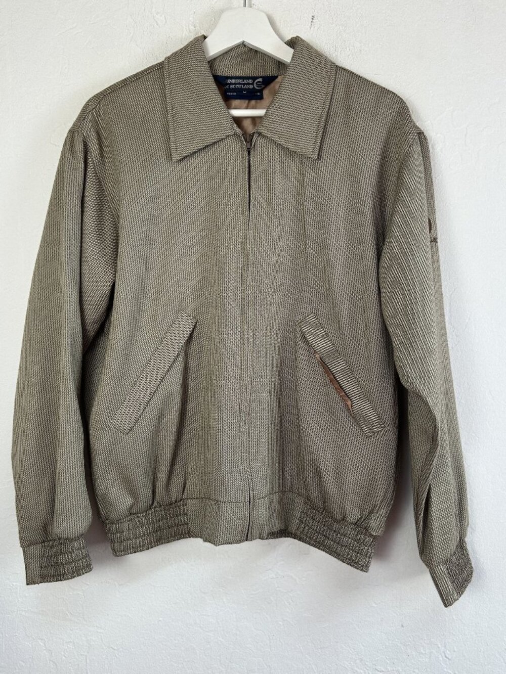 Sunderland of Scotland Herringbone Zip Jacket Tan Golf Harrington Small USA Made